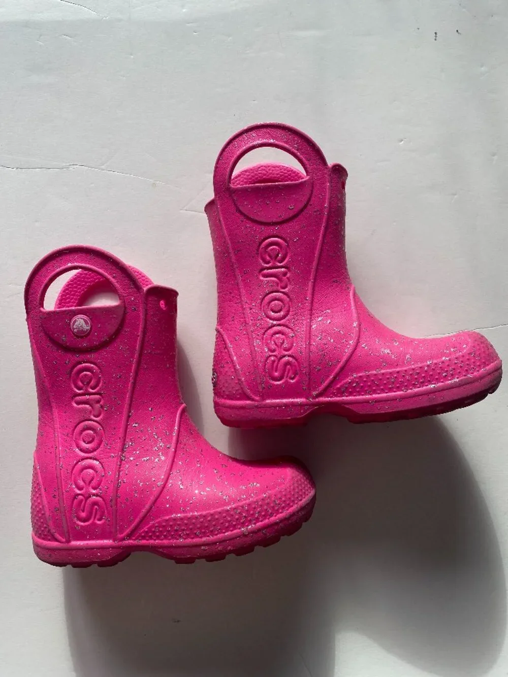 CROCS Handle It, pink and silver glitter rain boots, girl's size C 10, EUC